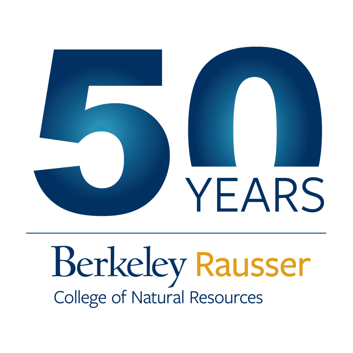 Blue white and yellow 50 years logo for Rausser College.