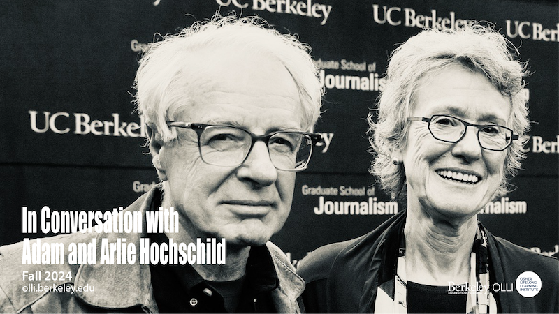 Black and white image of husband and wife Adam and Arlie Hochschild in front of a Berekley Journalism banner. Each wears black glasses.