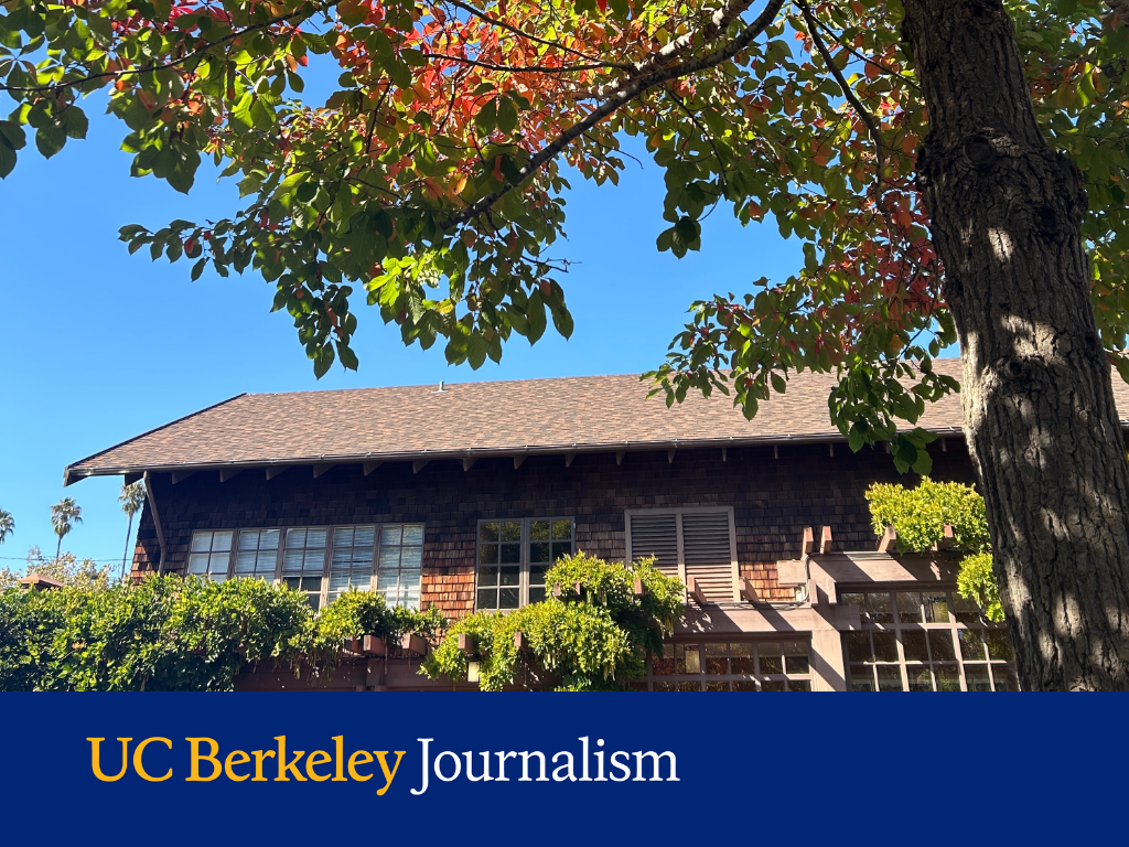 North Gate Hall and fall foliage and a bright blue sky with the logo for Berkeley Journalism on the bottom in blue.