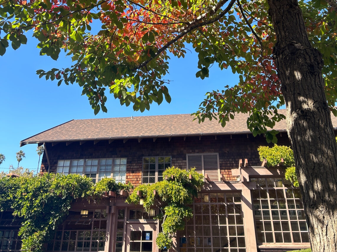 North Gate Hall building surrounded by fall trees.