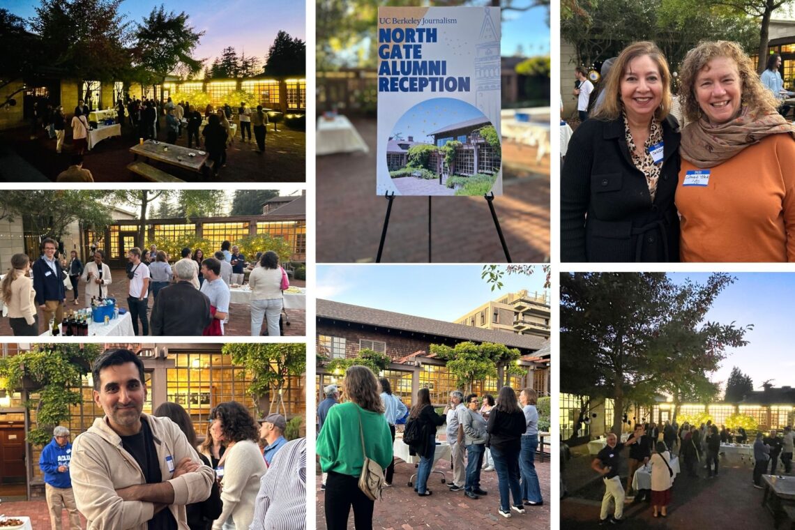 Collage of six photos from an outdoor alumni reception.