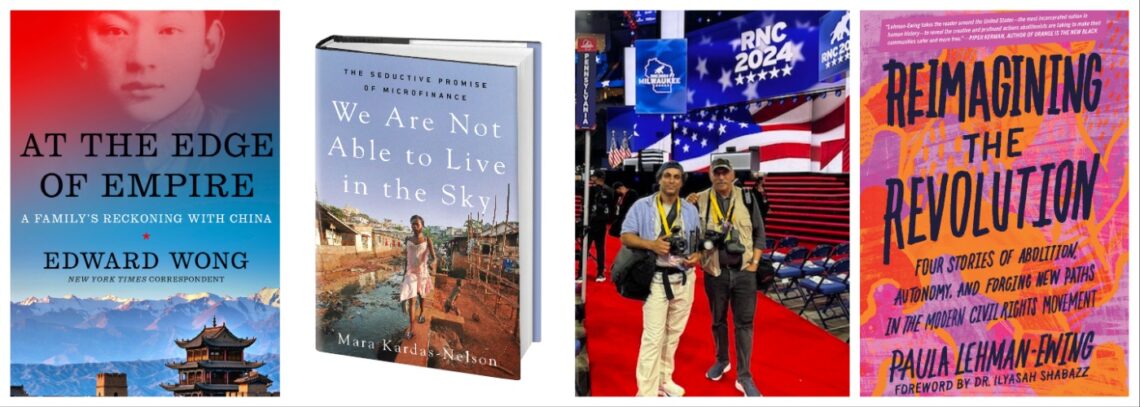 Image of 3 book covers and two photojournalists standing side by side wearing camera gear at the RNC.