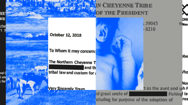 A collage with images of rural land, a baby, and pieces of documents involving the Northern Cheyenne Tribe