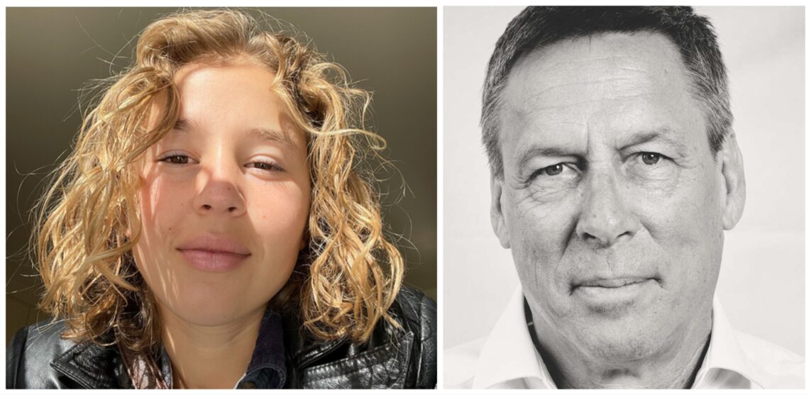 Collage of two headshots of a student with blonde curly hair smiling and a black and white image of the instructor she profiled.