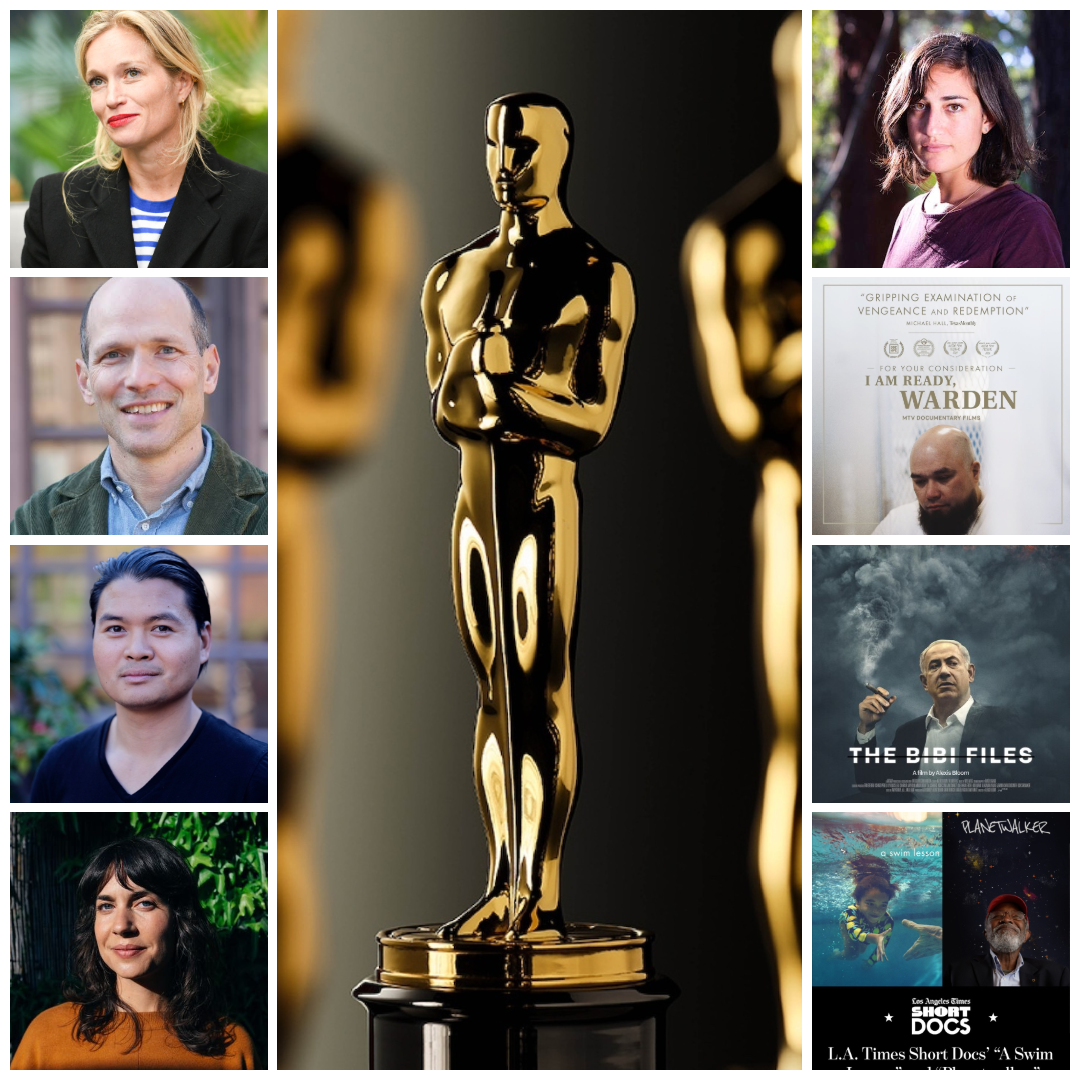 Color collage of five filmmakers shortlisted for the Academy Awards with three posters and a photo of the Oscar statue in the middle.