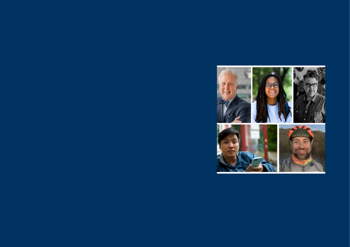 Five photo collage of headshots of lecturers on a Berkeley blue background.