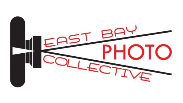 the words East Bay Photo Collective are in red lettering and come out light light rays from a camera 