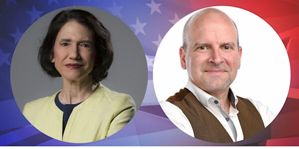 Two circles with headshots of a woman in a yellow blazer and a man in a white shirt and brown vest against the backdrop of stars and stripes.