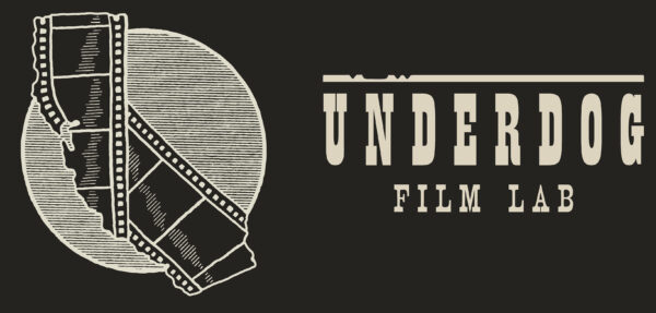 The words Underdog Film Lab are printed over a black background next to a round image and a film strip in the shape of California. 