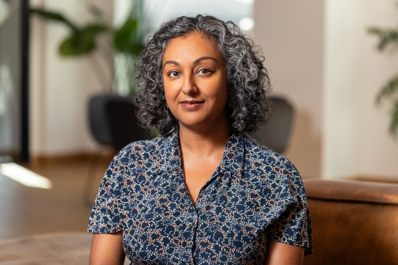 Photo of a woman with black and pretty gray curly shoulder length hair wearing a gray and black patterned v-neck dress smiling with a plant in the background.