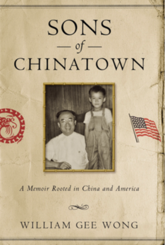 Cover of a book with a black and white photo of a sfather and a young son in overalls. There's an American flag and the words Sons of Chinatown.