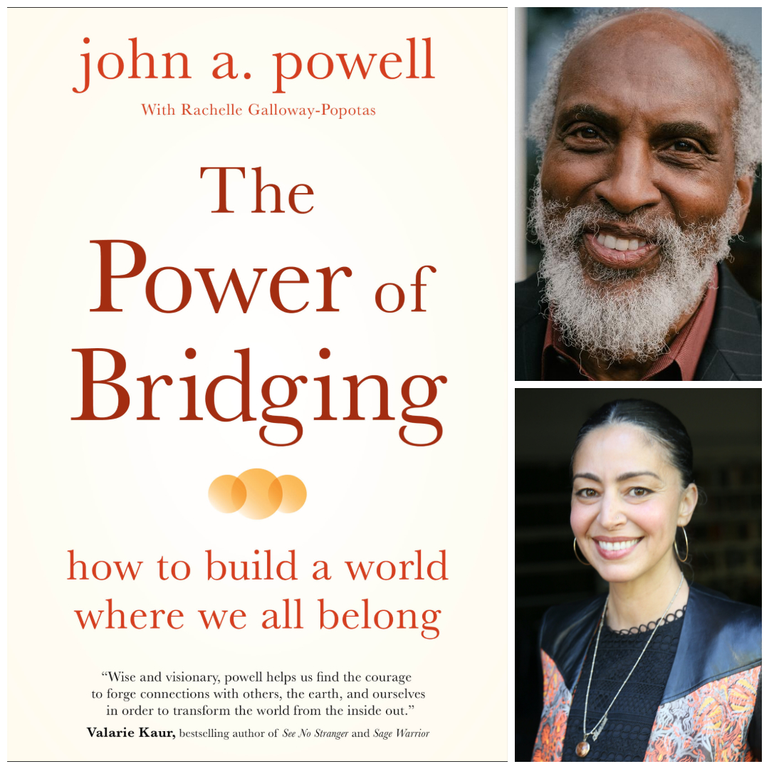 Collage of a book cover for "The Power of Bridging" and a photo of an African American man with gray hair and beard and a professor wearing a colorful leather jacket with her hair pulled back smiling.