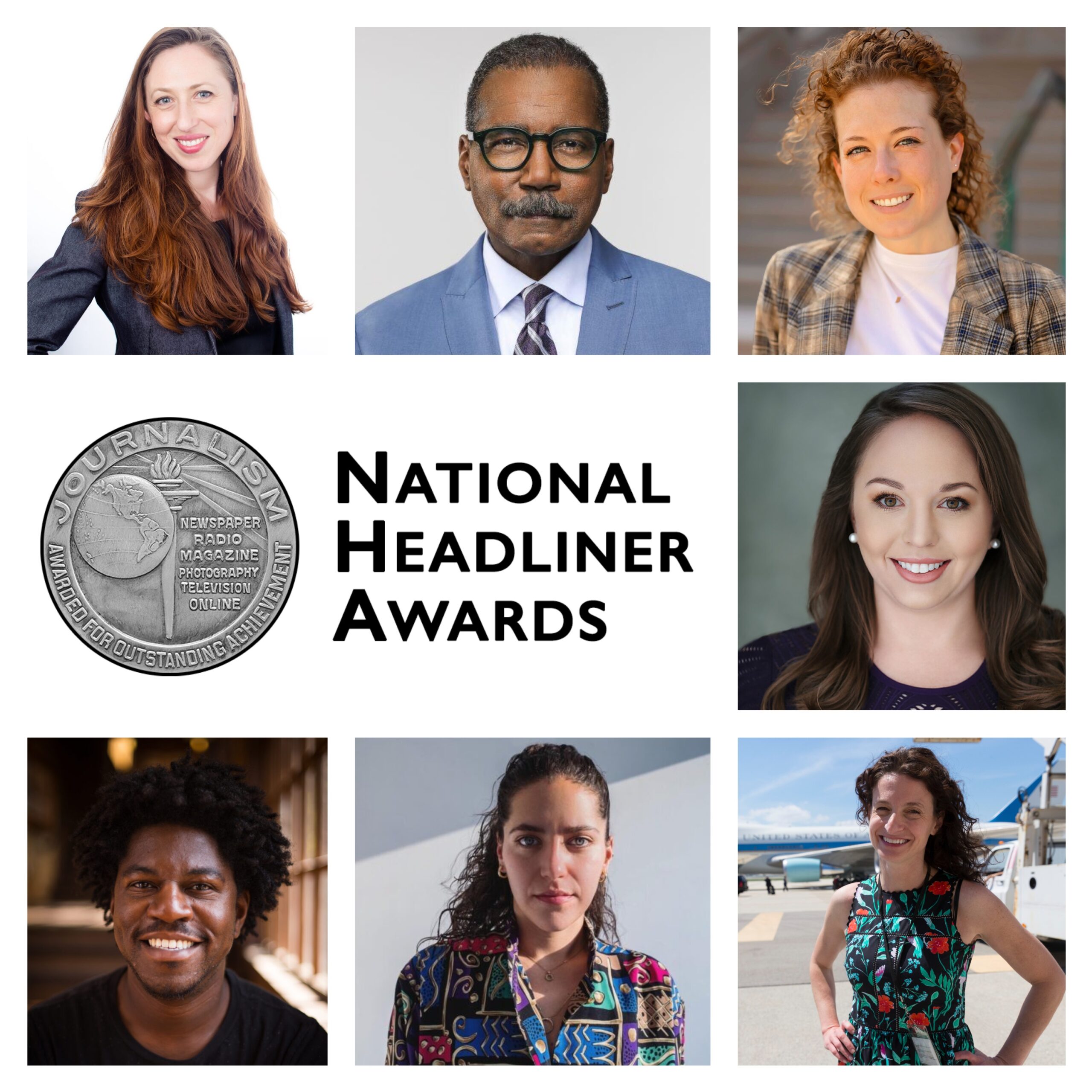 Collage of 6 journalists headshots with the black and white logo for the Headliners Awards.