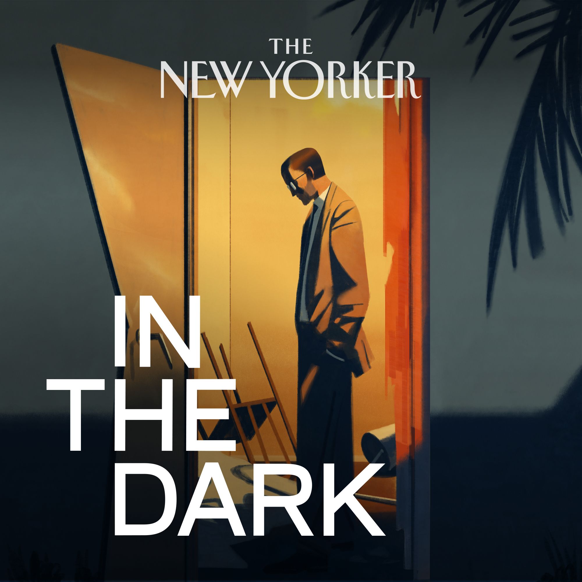 Graphic title card for the podcast 'In the Dark" written in white capital letters with a New Yorker logo at the top and a man standing in profile in a lit doorway entrance.