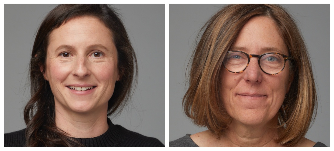 Headshots of two women: one with dark shoulder length hair and one with dark blonde hair in a bob wearing glasses.