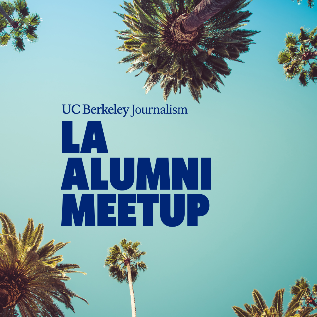 Colorful flyer for the LA Alumni Meetup with a blue sky and palm treees.