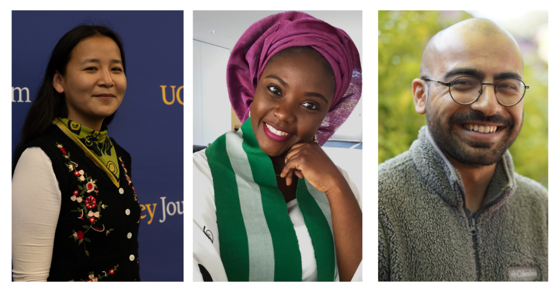 three headshots in a row: woman with long black hair, balding man, and woman with a purple head wrap and a green and white striped top