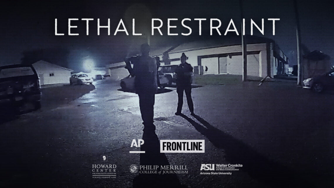 Dark image of police and AP and PBS Frontline and other logos.