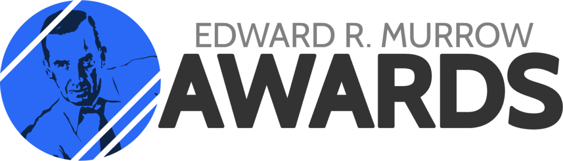 Blue white and black Murrow Awards logo in all caps.