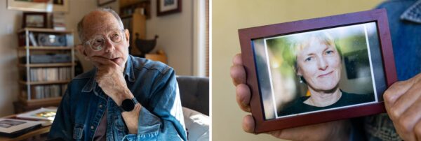 Two side-by-side photos:  first, Powers with his chin on his hand, second he holds a photo of a woman.