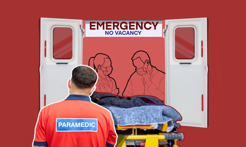 Graphic illustration of an ambulance with open doors and a medic wearing an orange jacket. The words say "Emergency no vacancy".