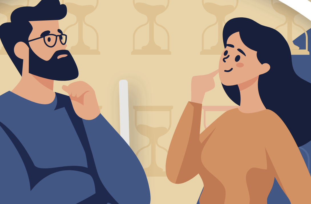 Graphic drawing of a man with a dark beard an a woman with long dark hair and bands scratching their chins deciding what to do.