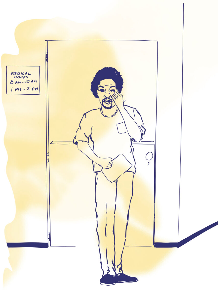 Drawing of an incarcerated person leaving a medical office.