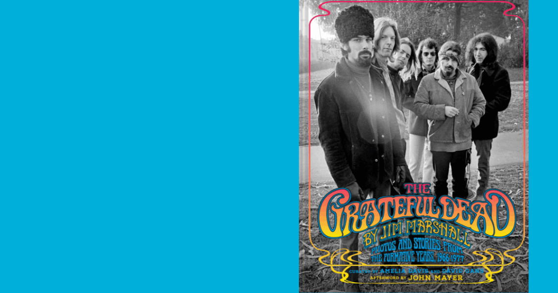 The Grateful Dead book cover by Jim Marshall on a light blue background.