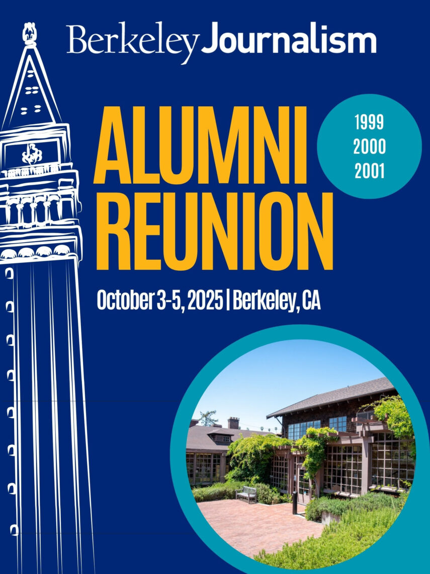 Blue, gold and white poster announcing the alumni reunion with a white drawing of the Campanile. 