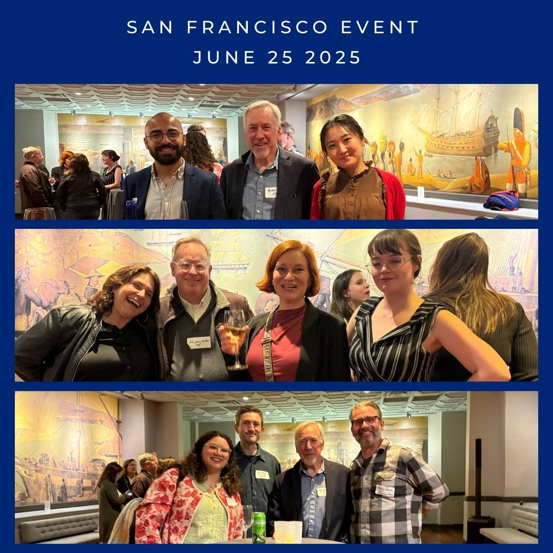 Row of images from an alumni reception with people smiling and standing close to oneanother.