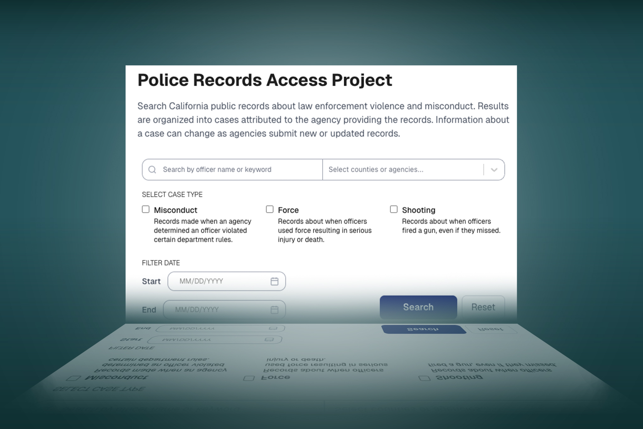 A screen with the words Police Records Access Project that looks like a page of the datagase, surrounded by a green three-dimensional border.