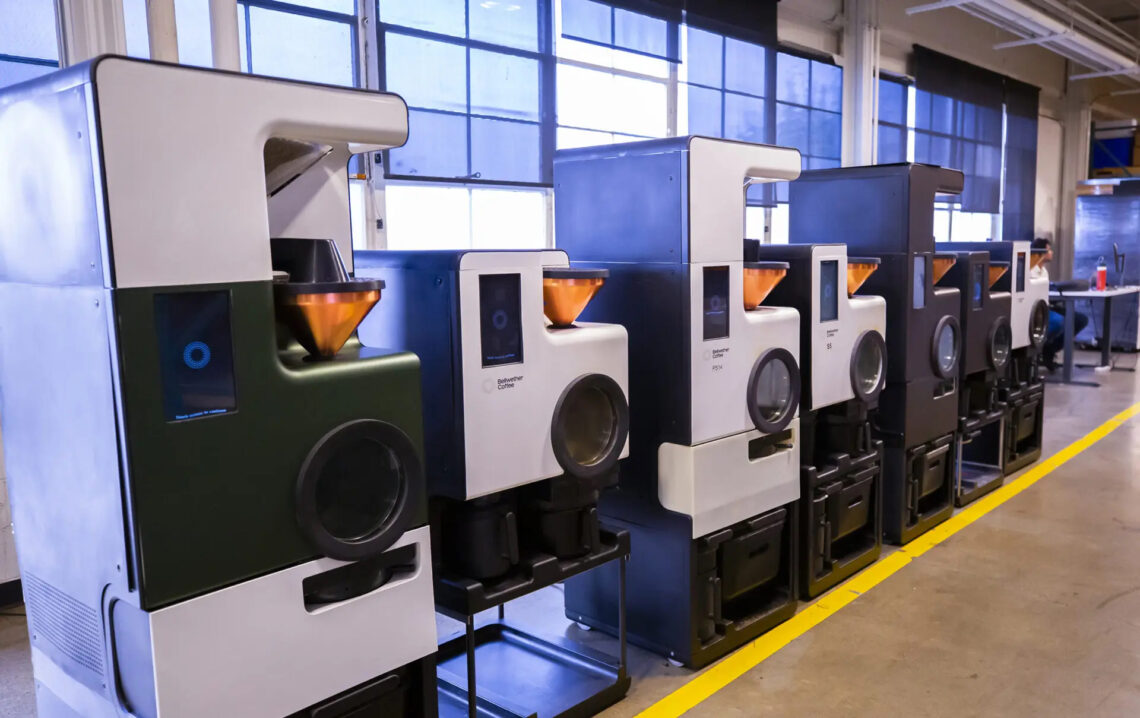 Line of industrial coffee roasters.