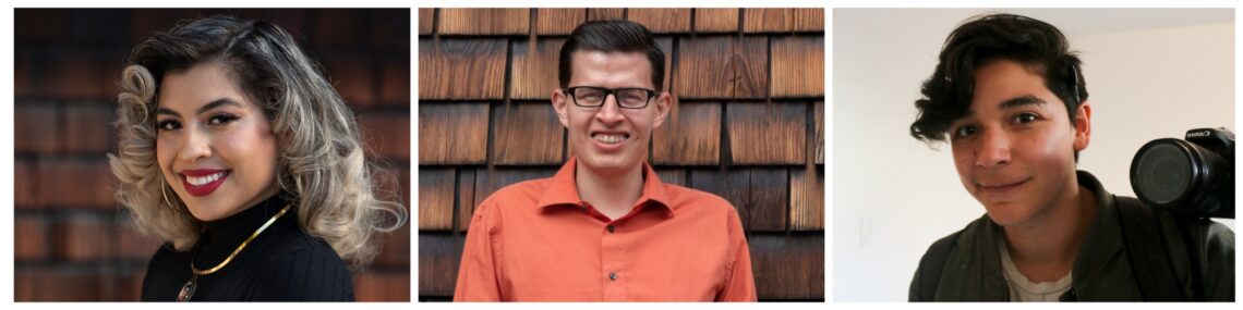 Headshots of three graduate students who worked on the project, 2 in front of a brown shingled building, the other holding a camera.