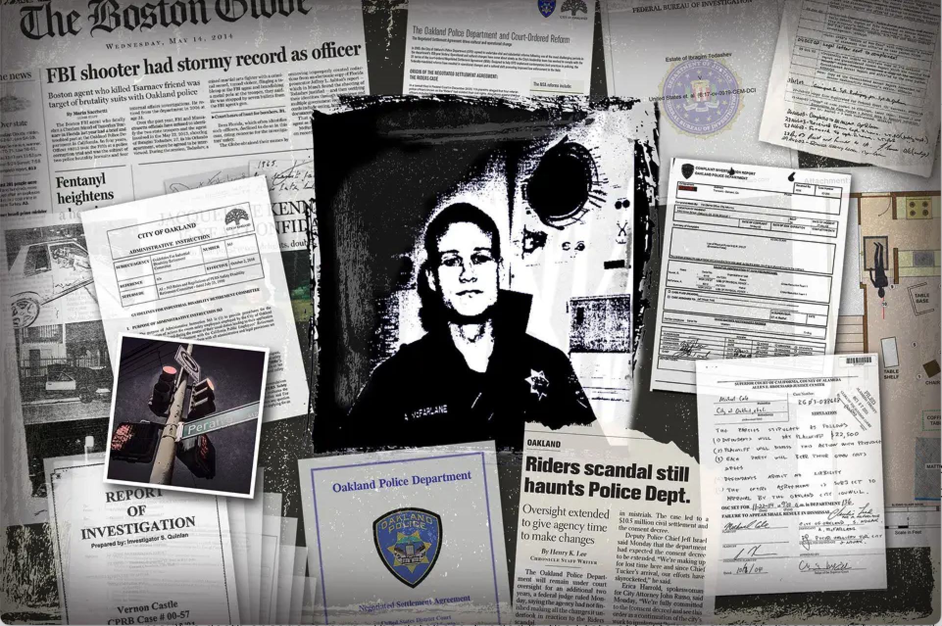A collage of newspaper headlines and photos and appearance of a graphic bloodstain on the black and white images