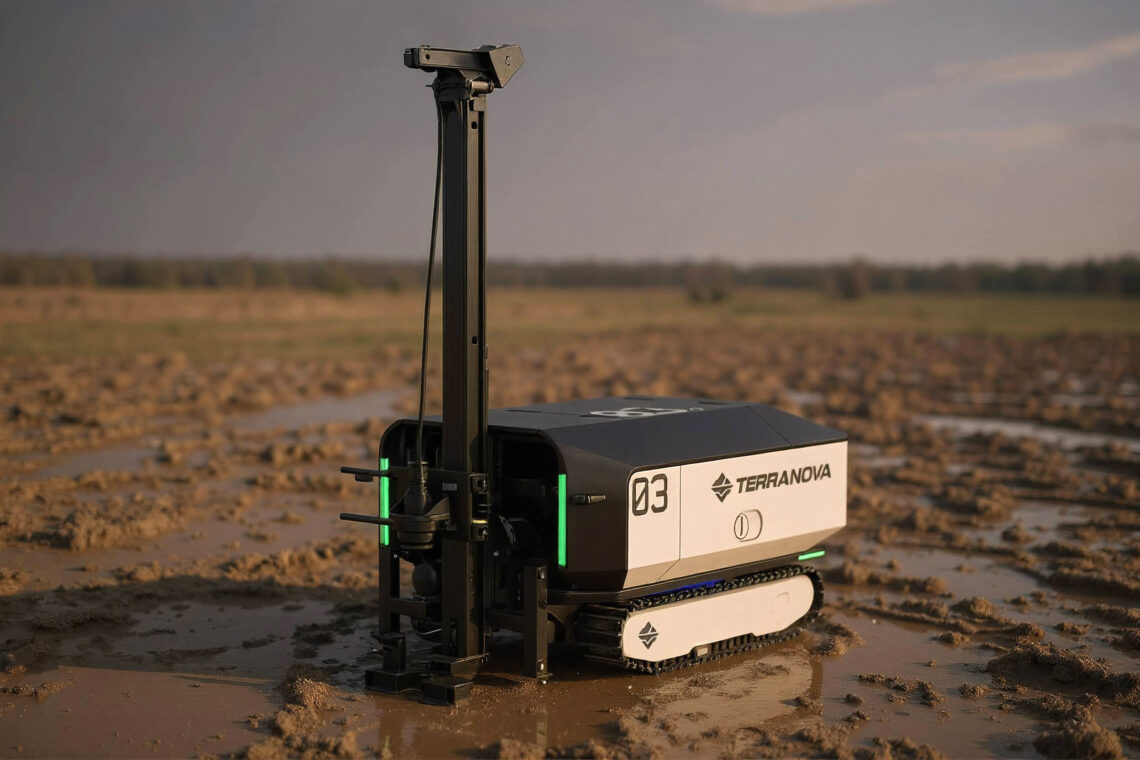 A digitally rendered image of Terranova’s robot, called the Atlas 3 in a brown field.