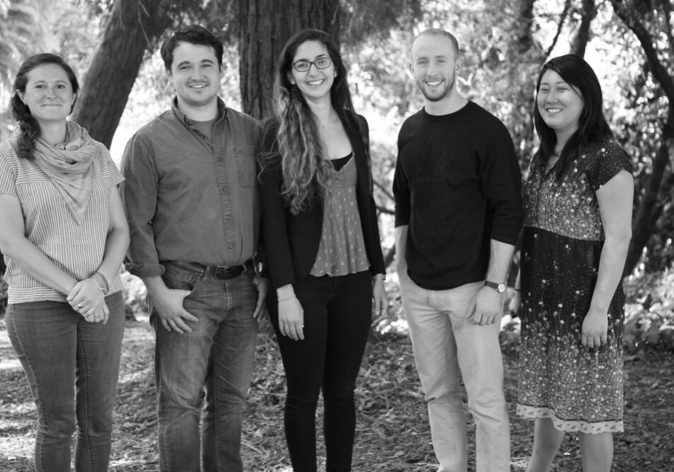 felt2015 A black and white photo of five people standing outdoors in a row, smiling at the camera. They appear relaxed, with Berkeley Journalism students surrounded by trees and sunlight. They are dressed casually, with three wearing button-up shirts and two in sweaters or cardigans.